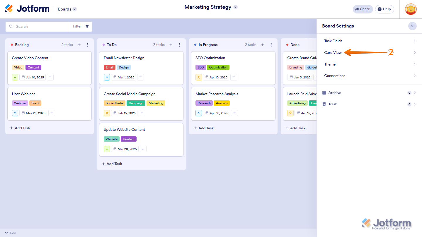 Jotform Board Settings menu with the Card View option highlighted for customizing how cards are displayed on the board