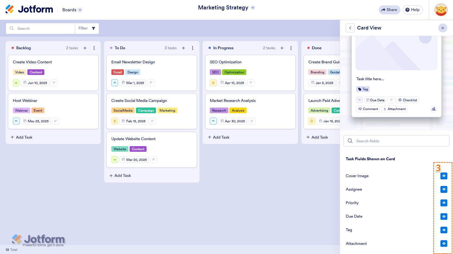 Jotform Card View settings displaying the Task Fields Shown on Card section with Eye icons for showing or hiding fields on task cards