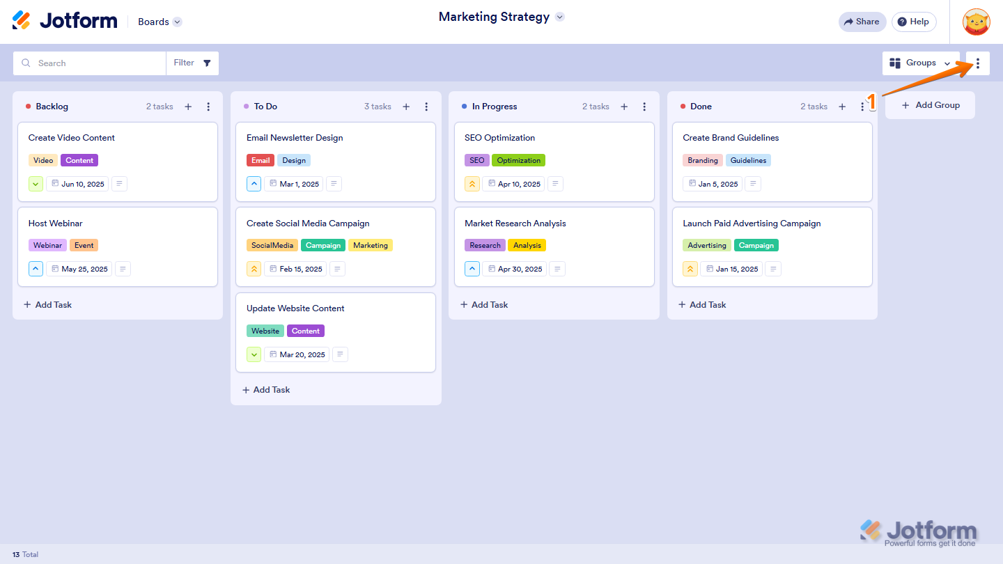 Jotform Board page with the Three Dots icon highlighted in the upper-right corner, used to open additional board options