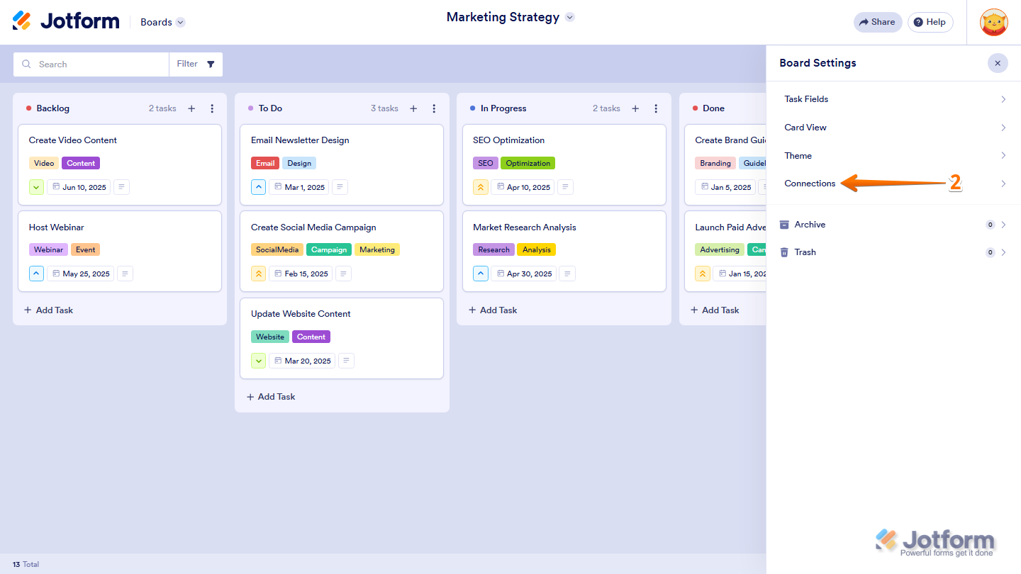 Jotform Board Settings menu with the Connections option highlighted for managing integrations and connected services