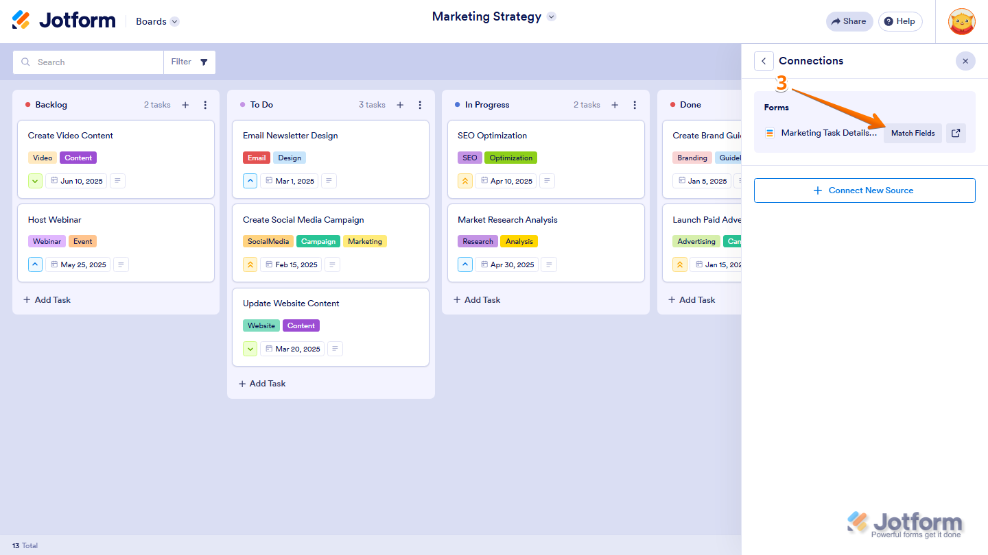 Jotform Connections settings displaying the Forms section with the Match Fields button next to a connected form for mapping form fields to board task fields