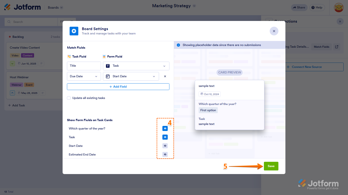Jotform Board Settings window displaying the Show Form Fields on Task Cards section with Eye icons for showing or hiding form fields on task cards and the Save button to apply the changes