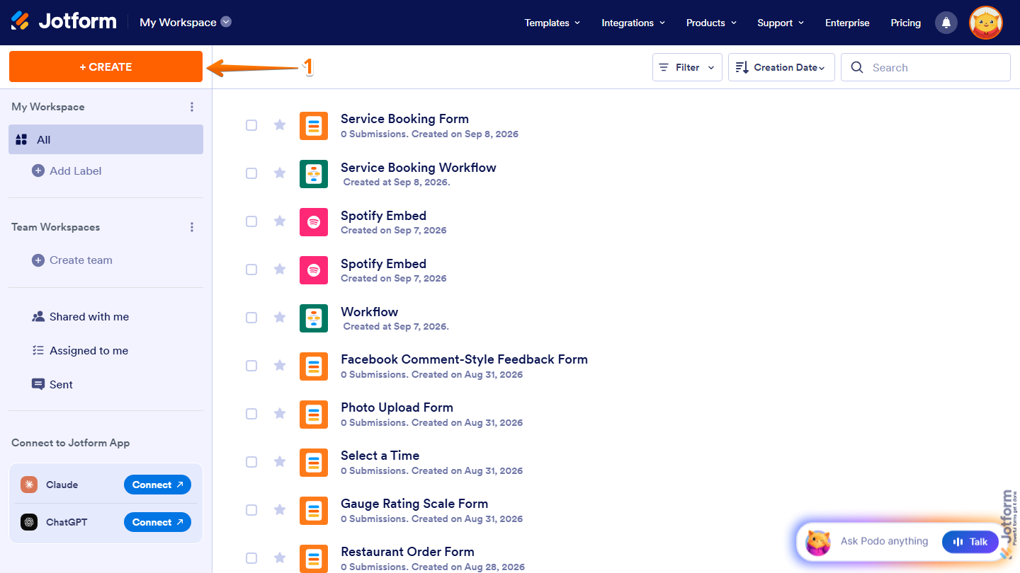 Jotform Workspace page with the Create button visible in the top-left corner for starting a new Jotform project