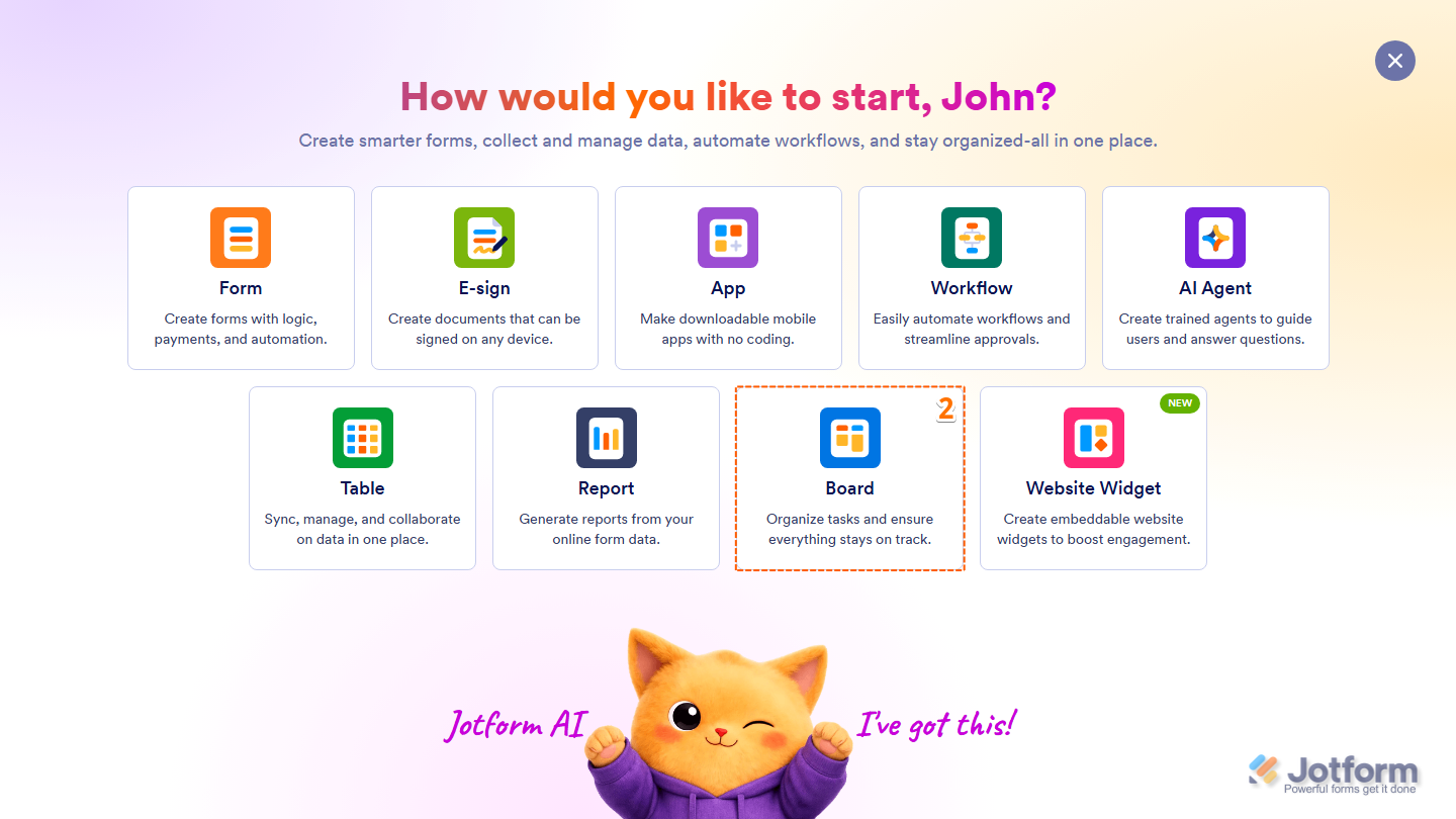 Jotform Workspace Create menu showing the Board option for creating a new board