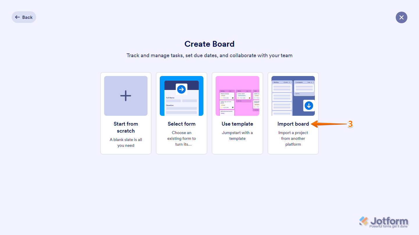 Jotform Board creation screen showing the Import Board option for importing an existing board