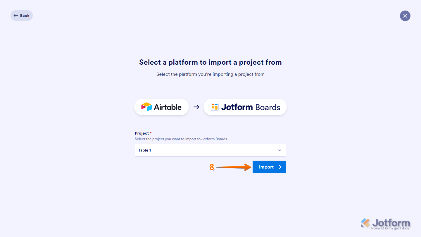 Jotform Import Board setup showing the Import button available to import the selected Airtable project into Jotform Boards