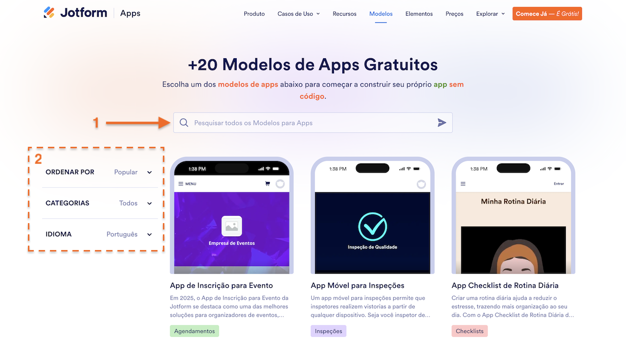 Opções de pesquisa para modelos de apps