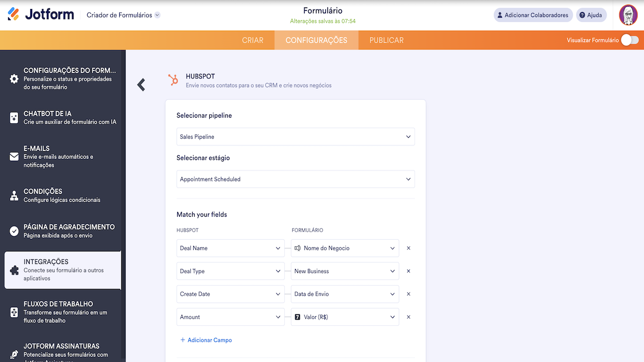 Criando negócio na integração ao hubspot