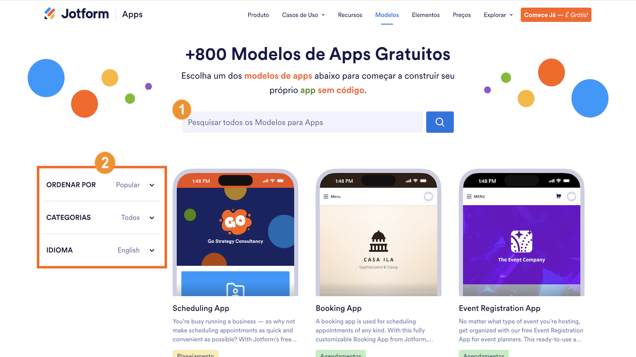 Opções de pesquisa para modelos de apps