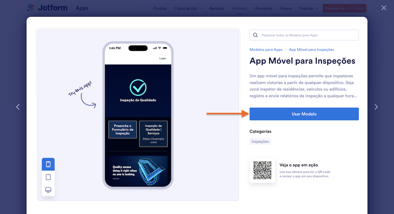 Selecionando Usar Modelo na página de visualização do modelo