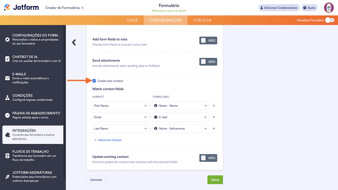Criar novo contato no negócio