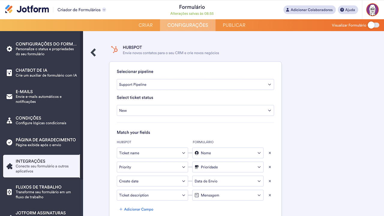 Criando ticket na integração ao hubspot