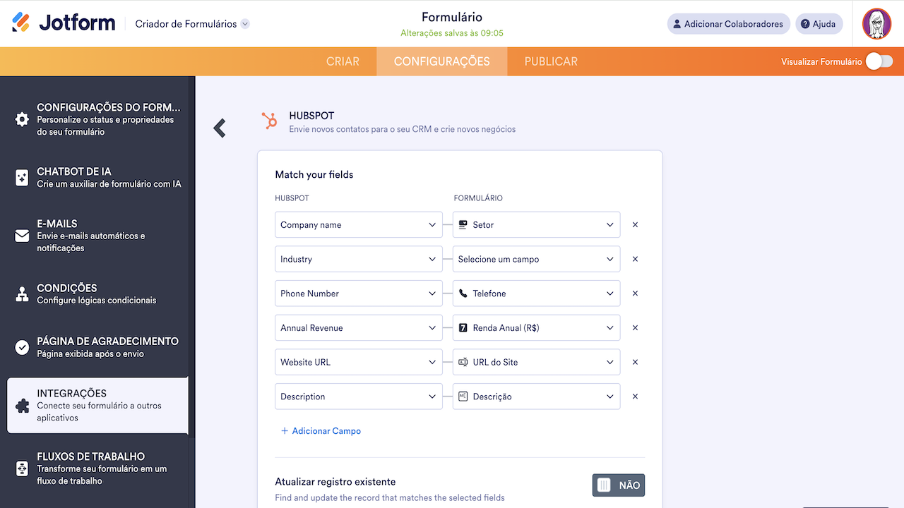 Criando empresa na integração ao hubspot