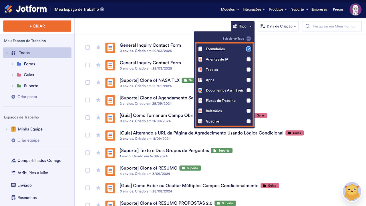 Selecionando ativos no página Meu Espaço de Trabalho