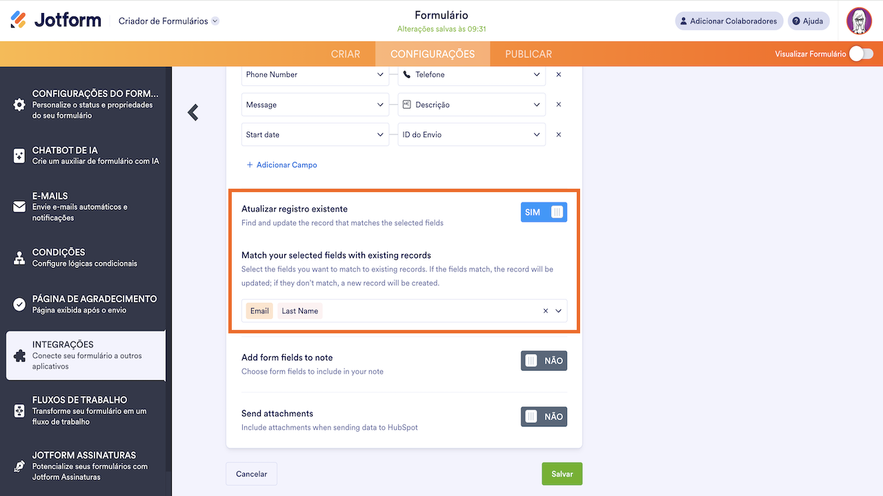 Atualizar registro na integração