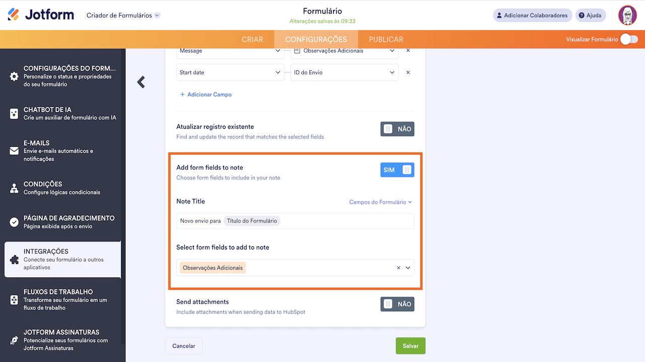Adicionar campo como Observação ao registro no hubspot