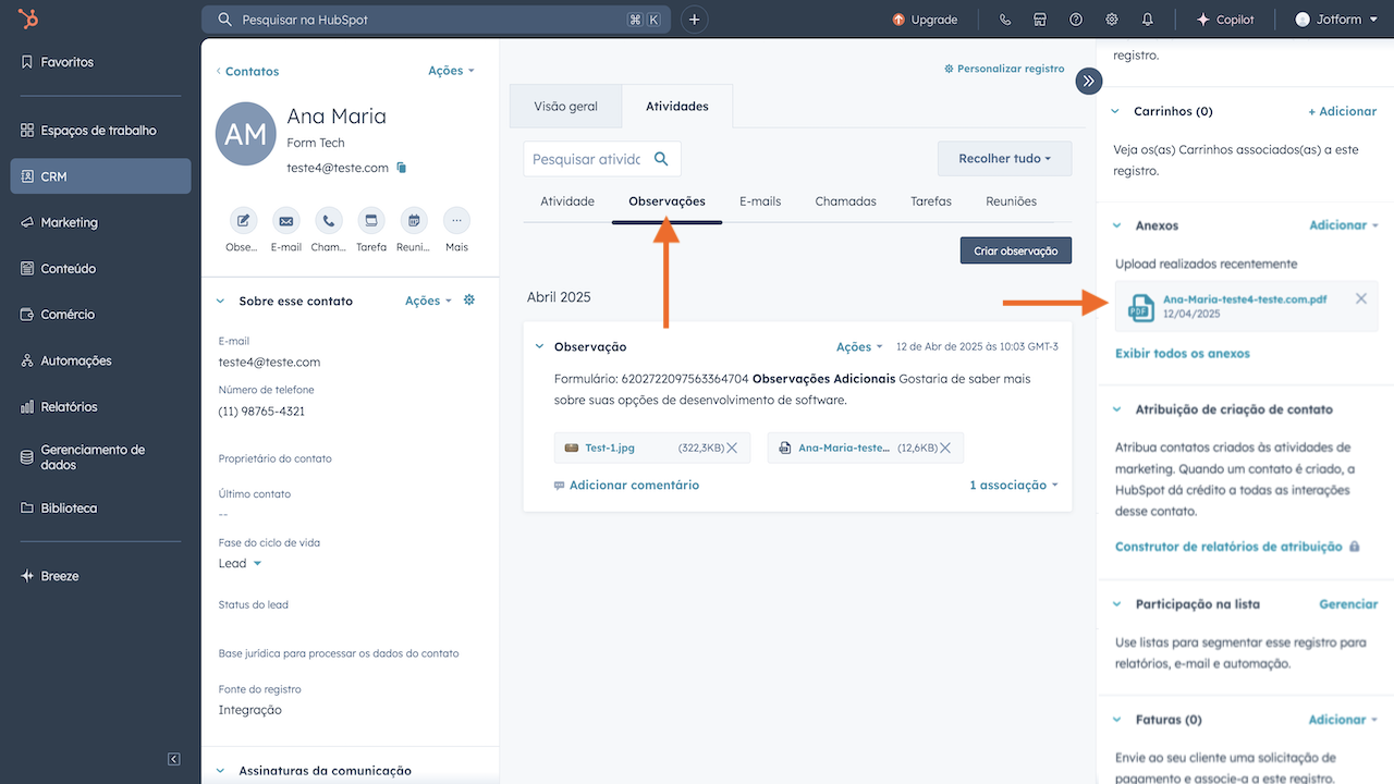 Anexos e observações exibidas no hubspot