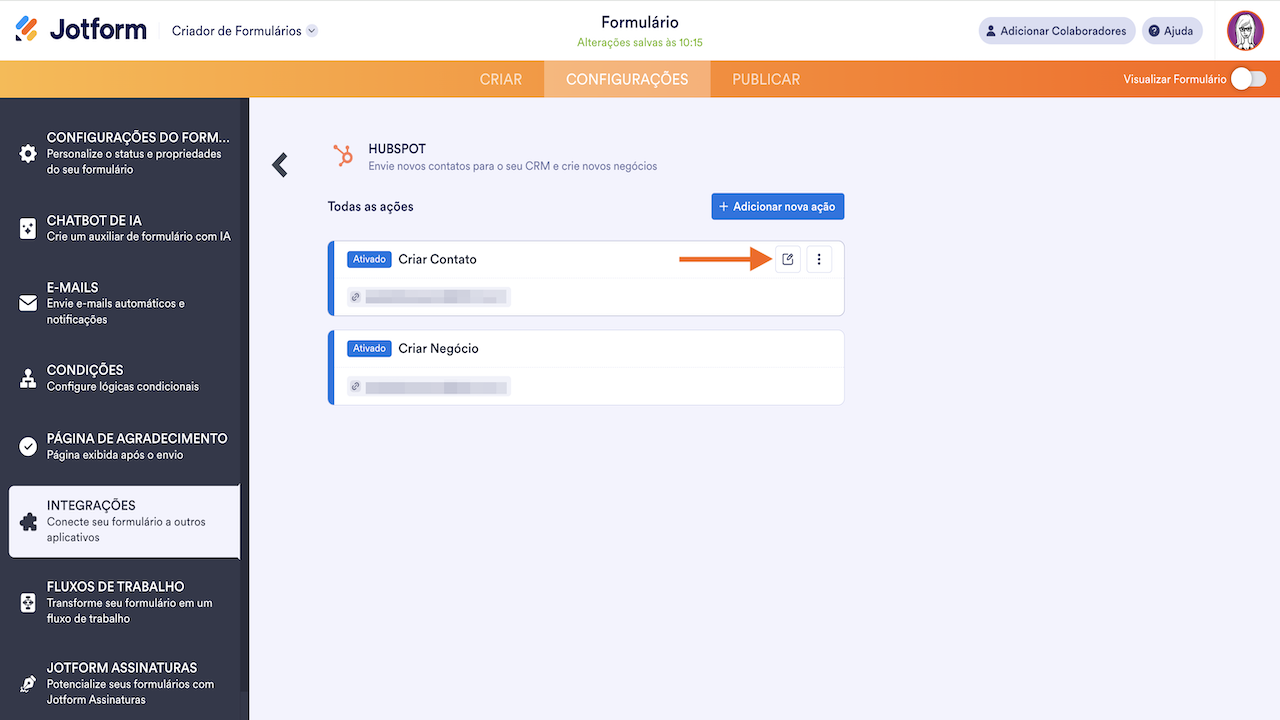 Editar ação na integração