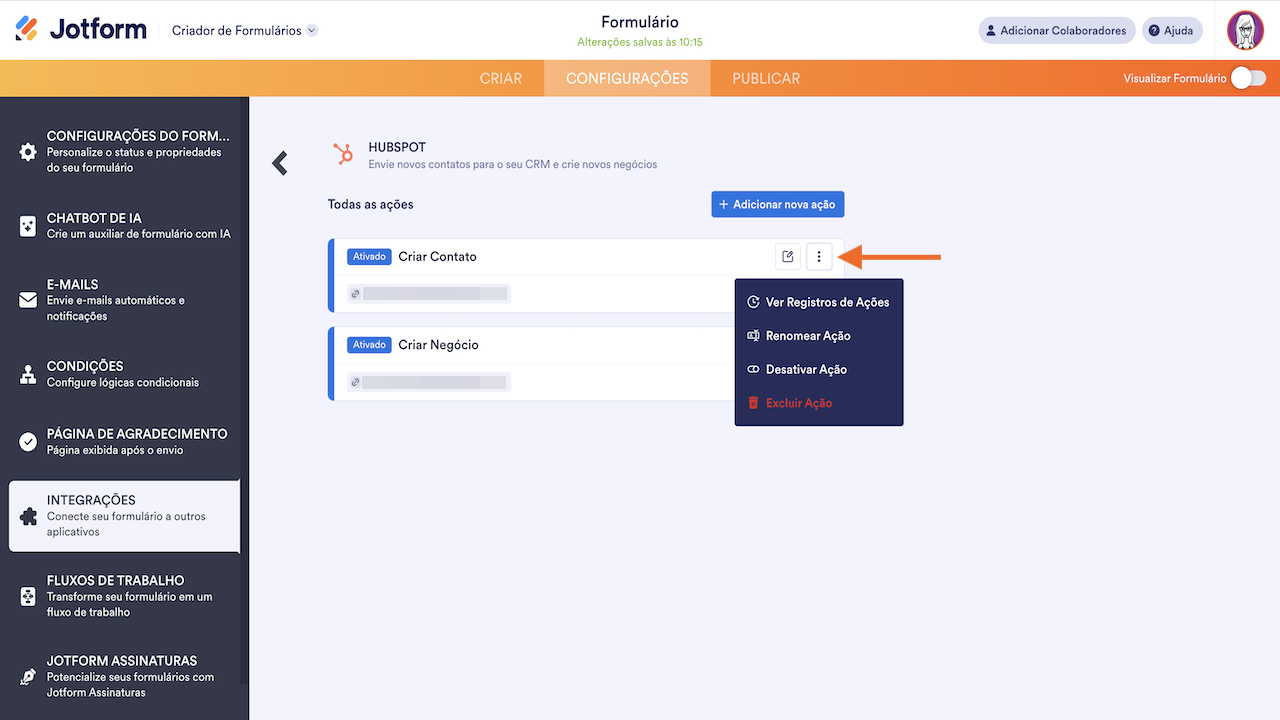 Menu de opções da ação na integração