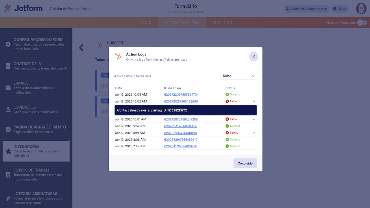 Registros de ação exibindo motivo de falha