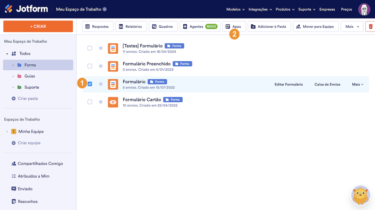 Selecionando formulários e clicando em Apps