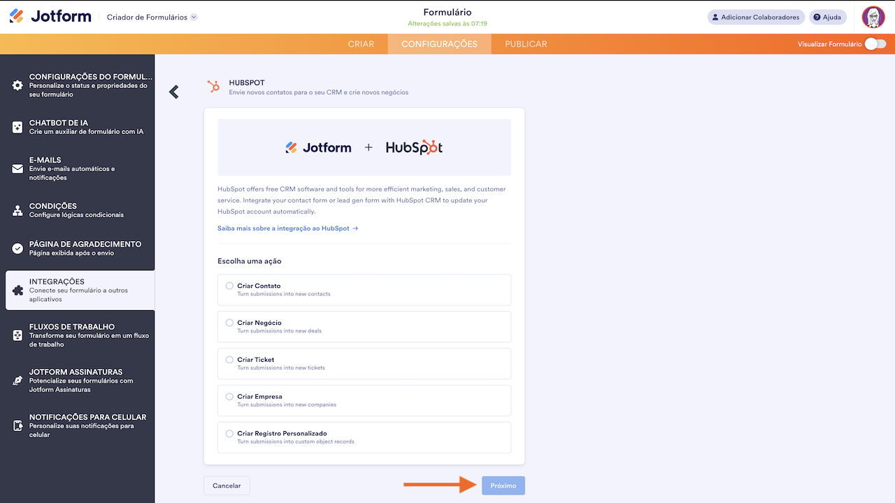 Selecionar ação na integração
