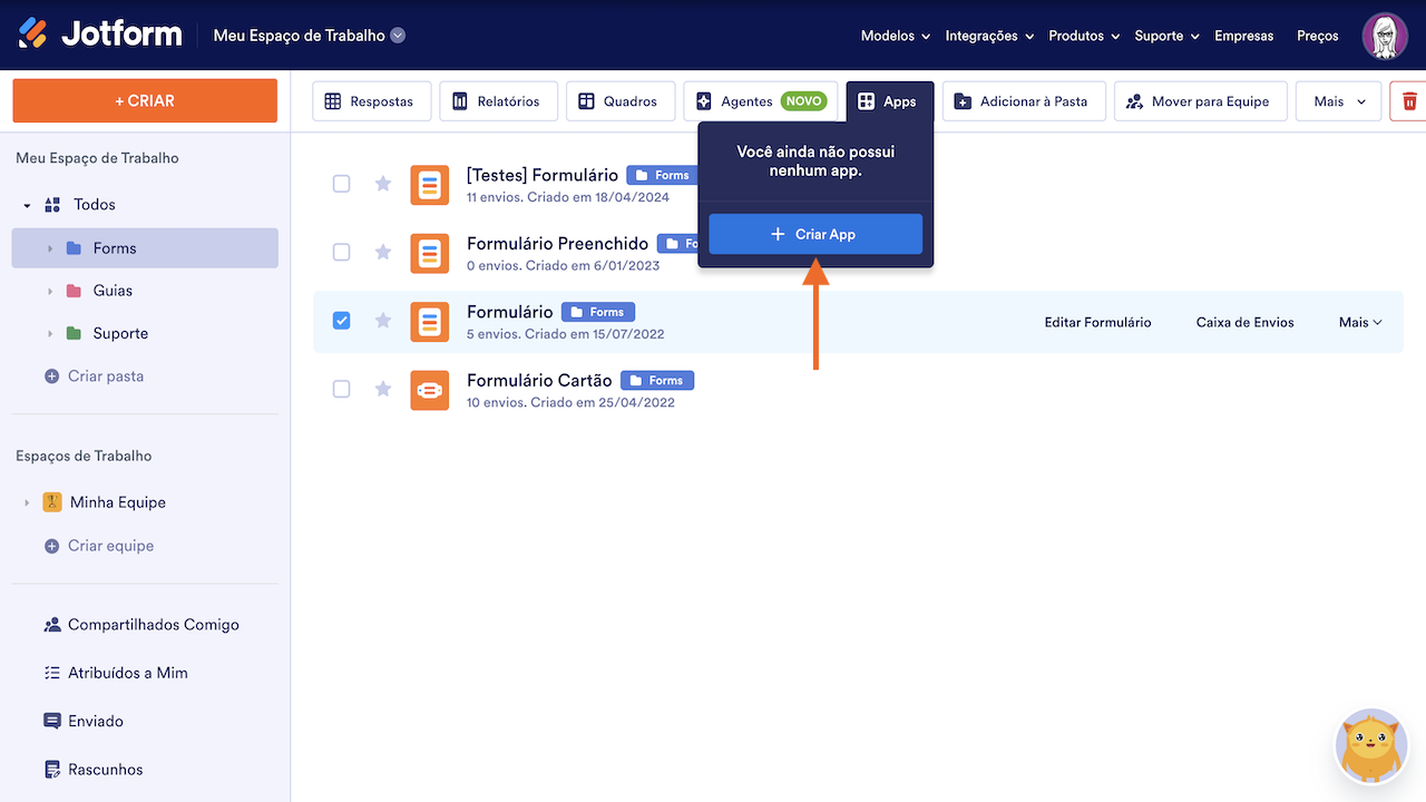 Selecionando Criar App
