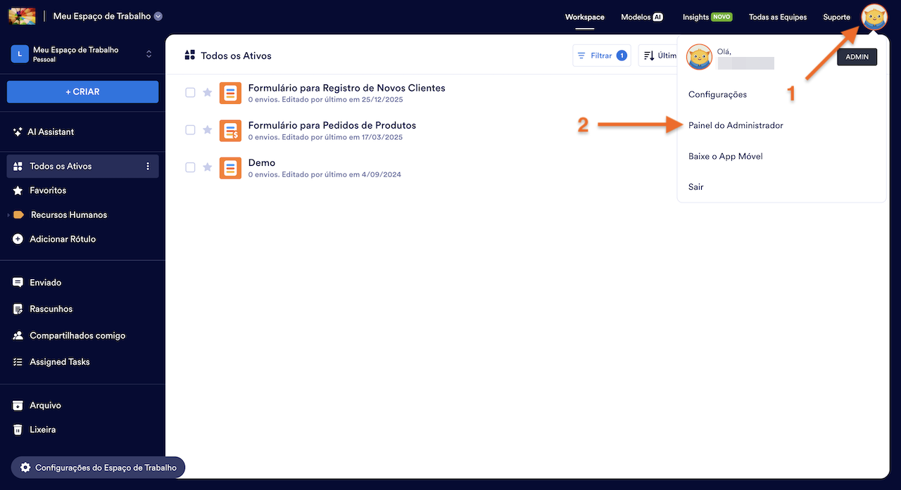Selecionando Painel do Administrador no menu no canto superior direito da página