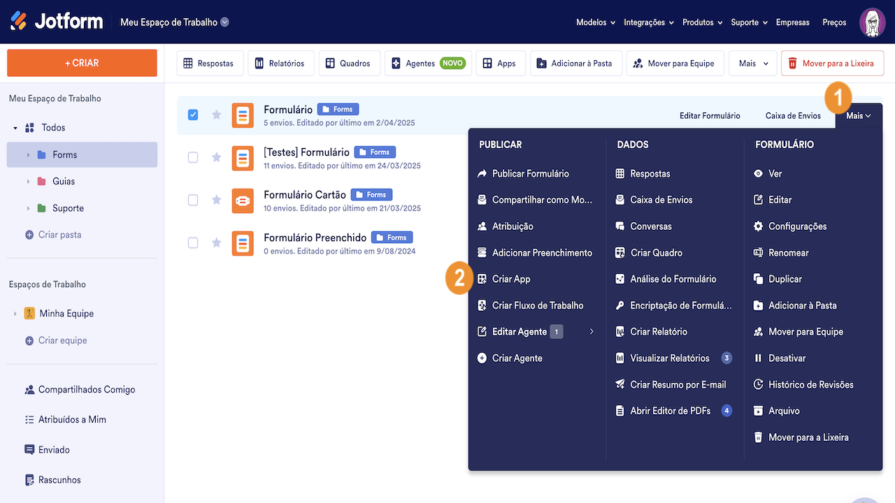 Selecionando Criar App no menu Mais