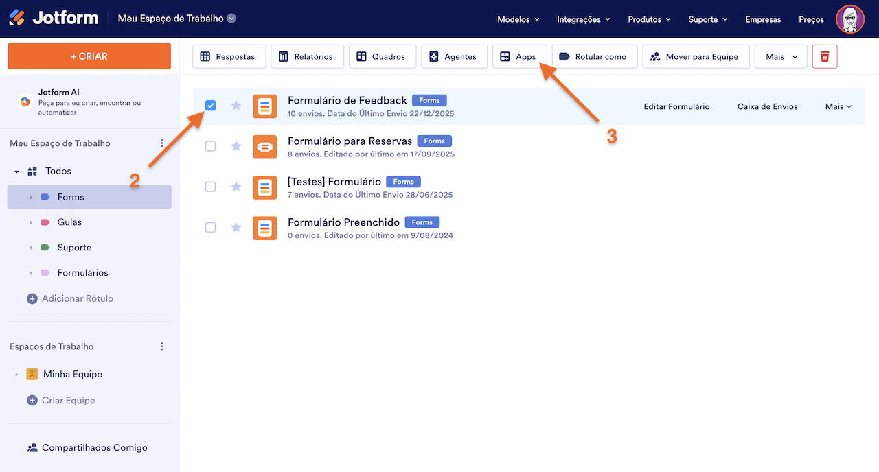Selecionando o formulário e clicando no botão Apps