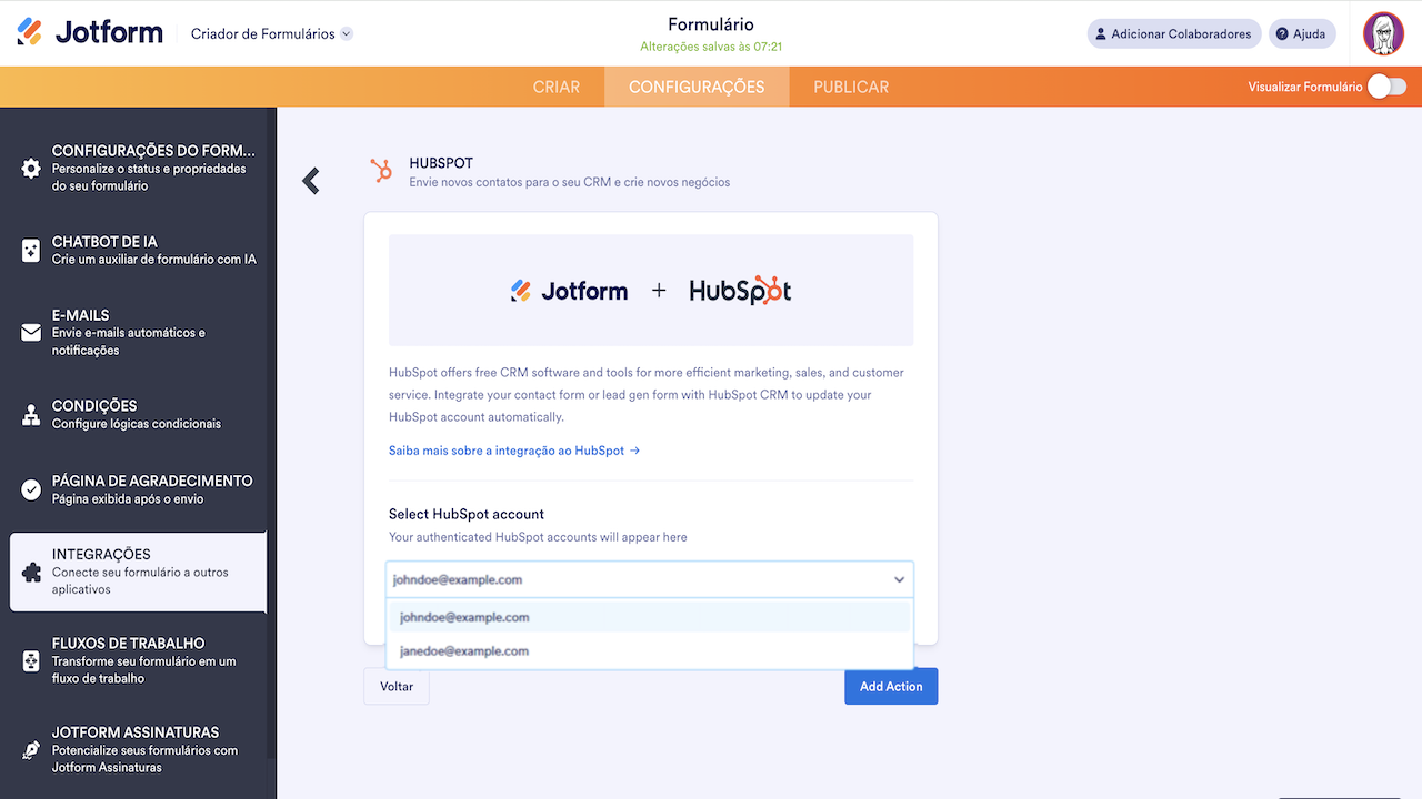 Escolher conta hubspot no menu suspenso