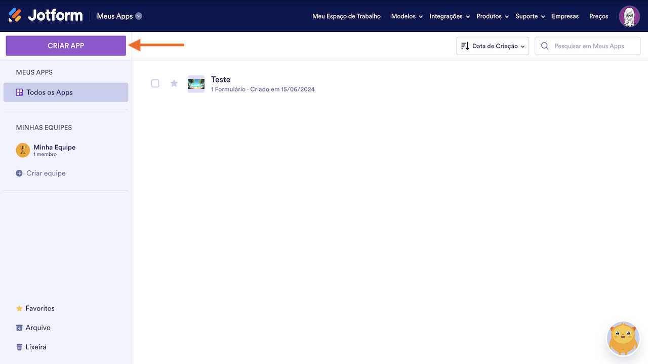 Criar app na página Meus Apps