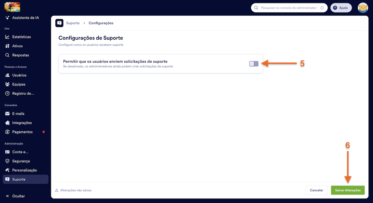 Desativando a opção "Permitir que os usuários enviem solicitações de suporte"