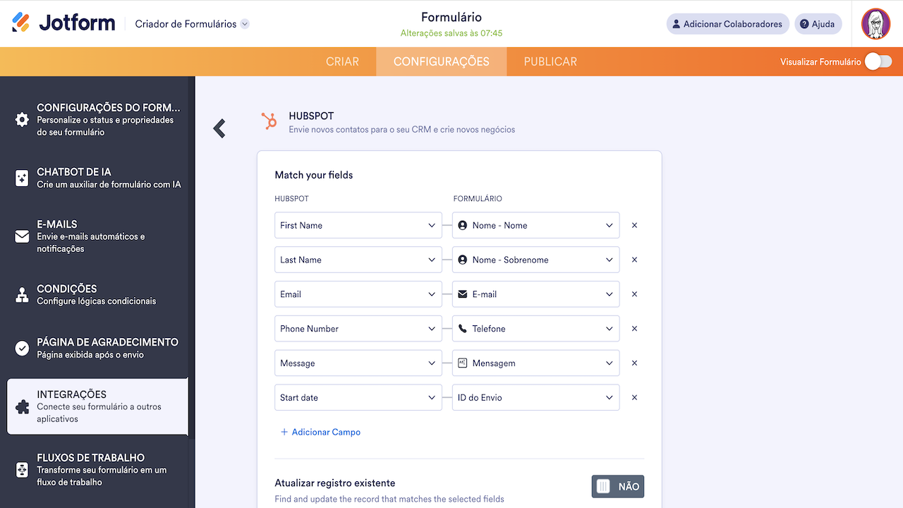 Correspondendo campos na integração