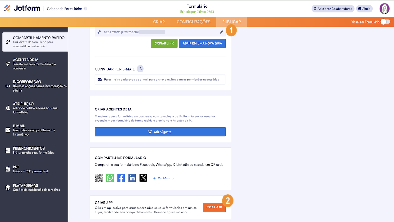 Criar App na página Publicar