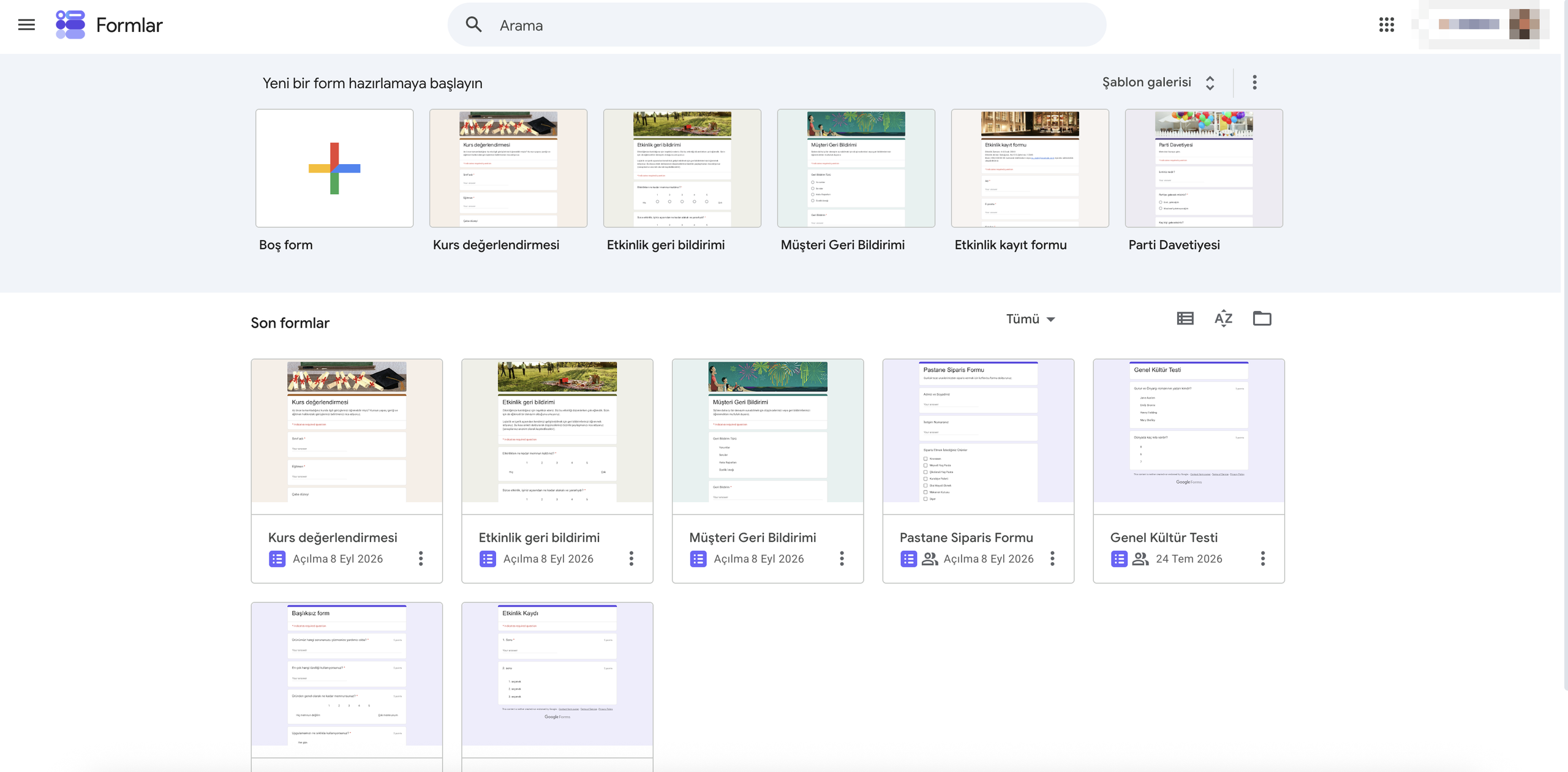Google Forms şablon galerisi