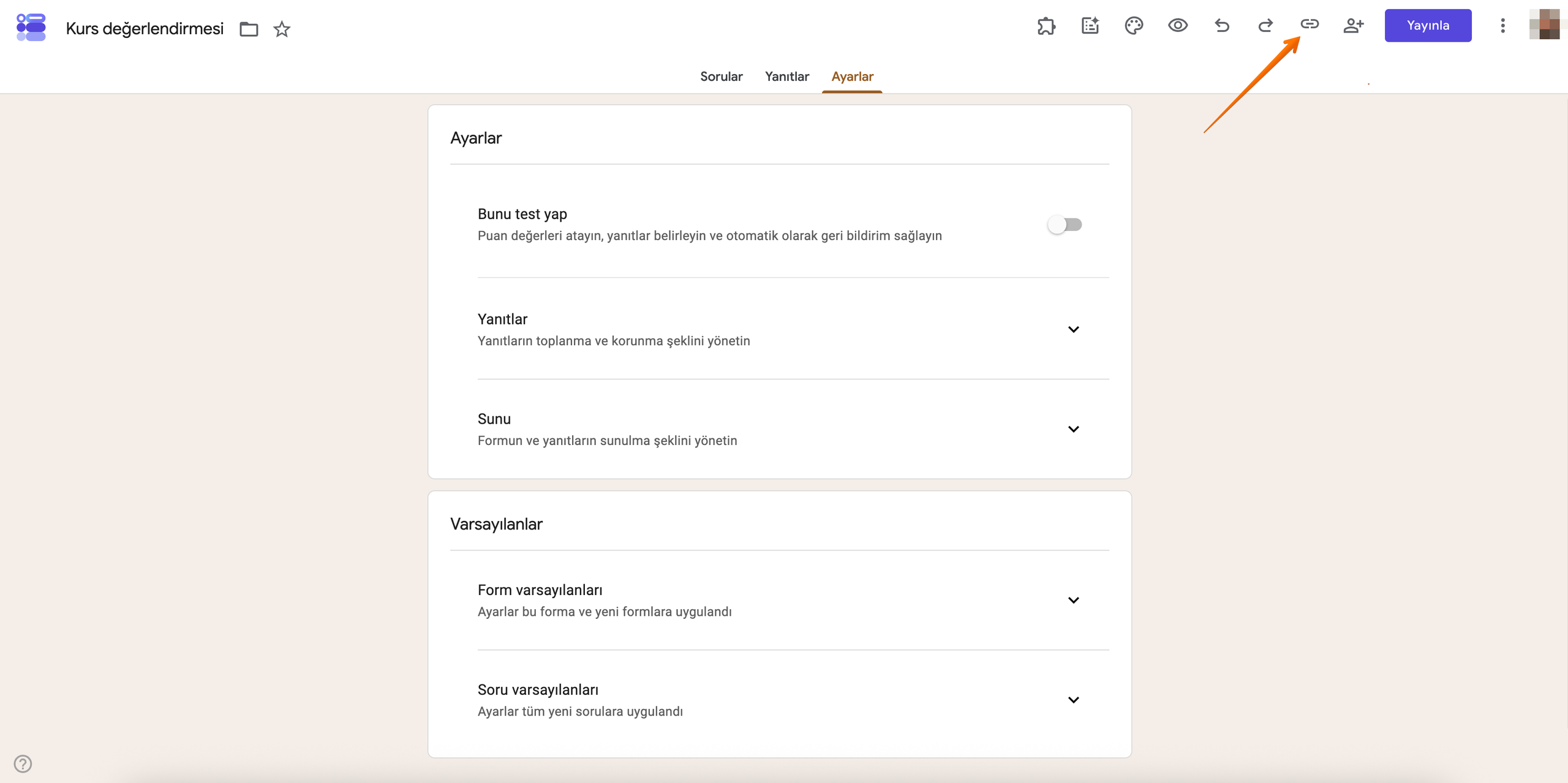 Google Forms ayarlar sayfası