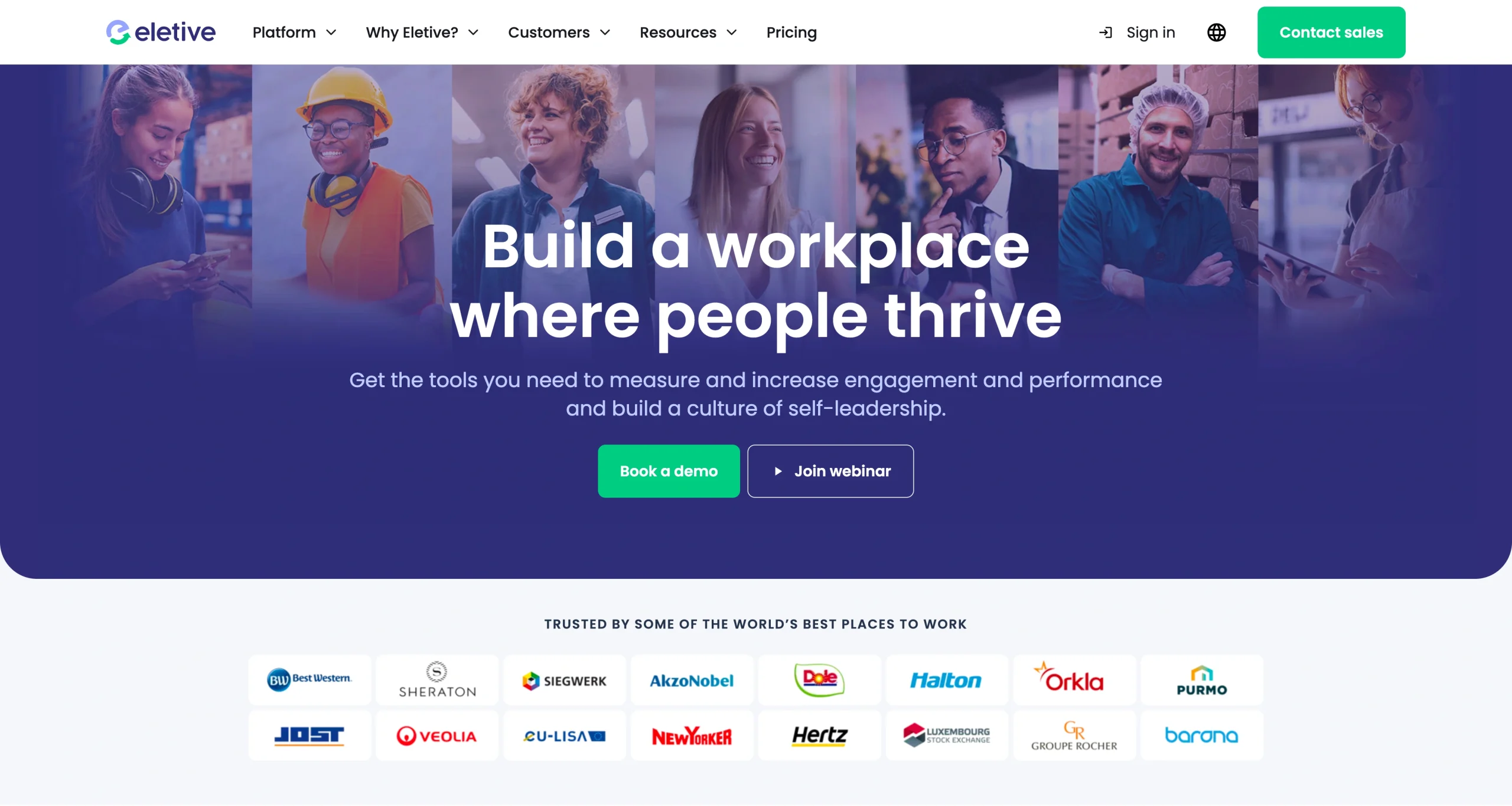 Screenshot of Eletive's landing page, showing a headline "Build a workplace where people thrive"