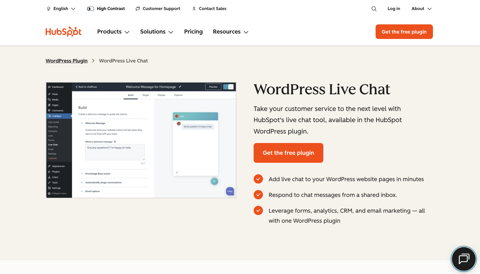 WordPress Live Chat page on HubSpot