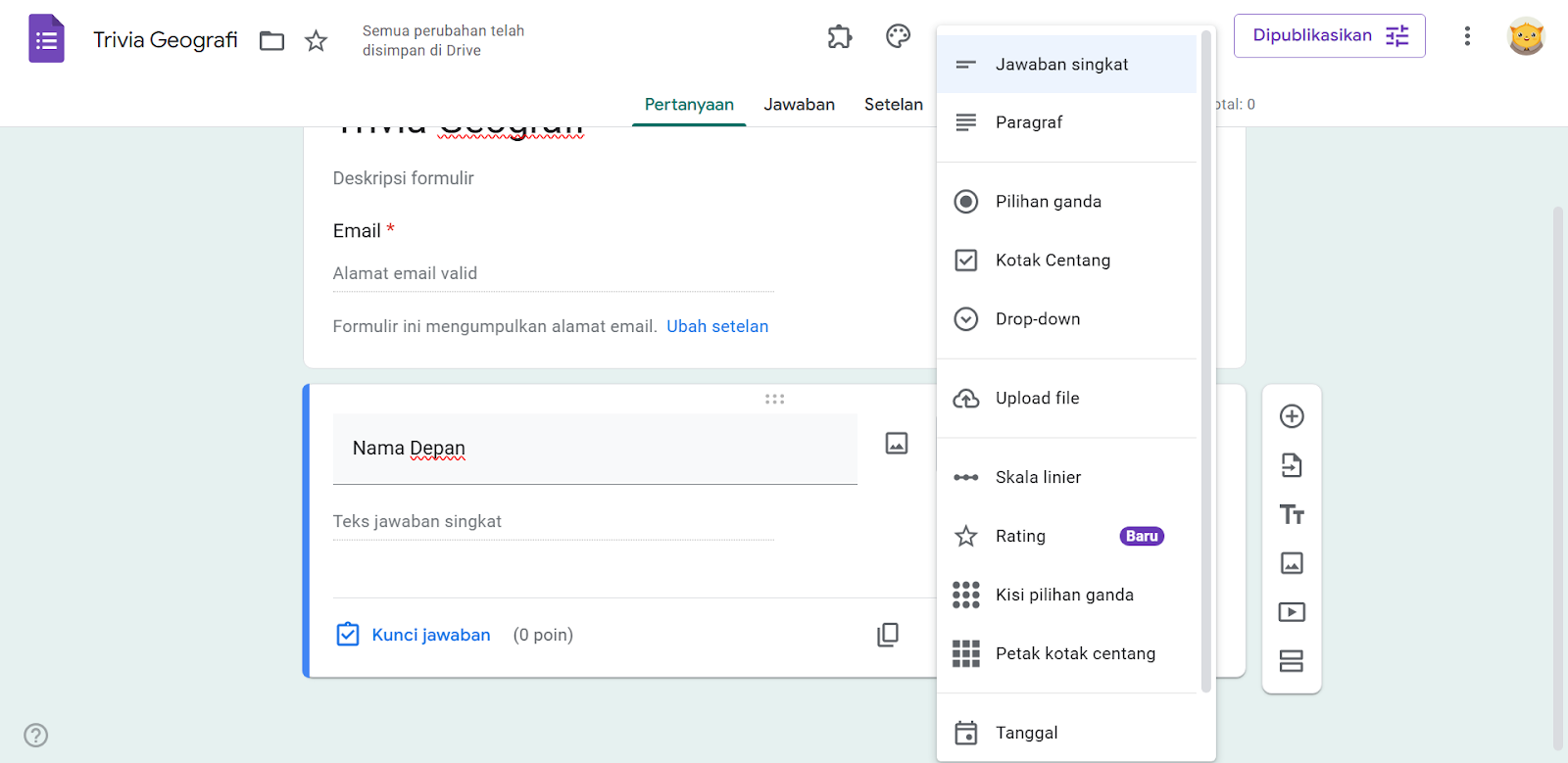 Memilih opsi Jawaban Singkat di Google Forms