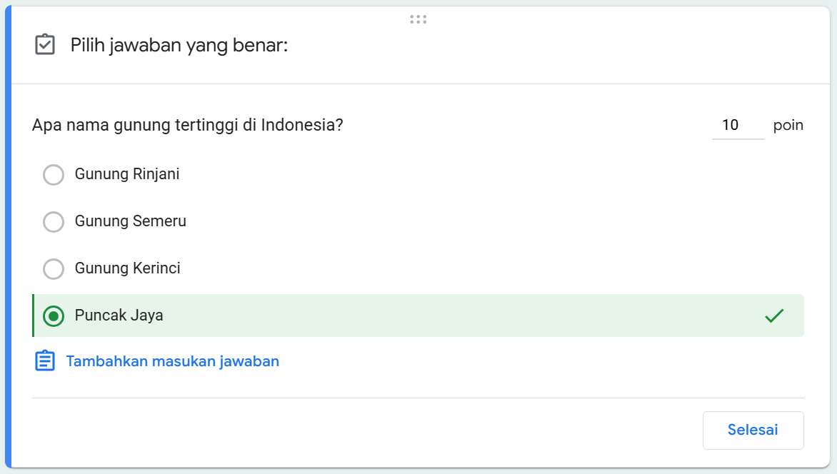 Menampilkan tombol umpan balik tambah jawaban di Google Forms