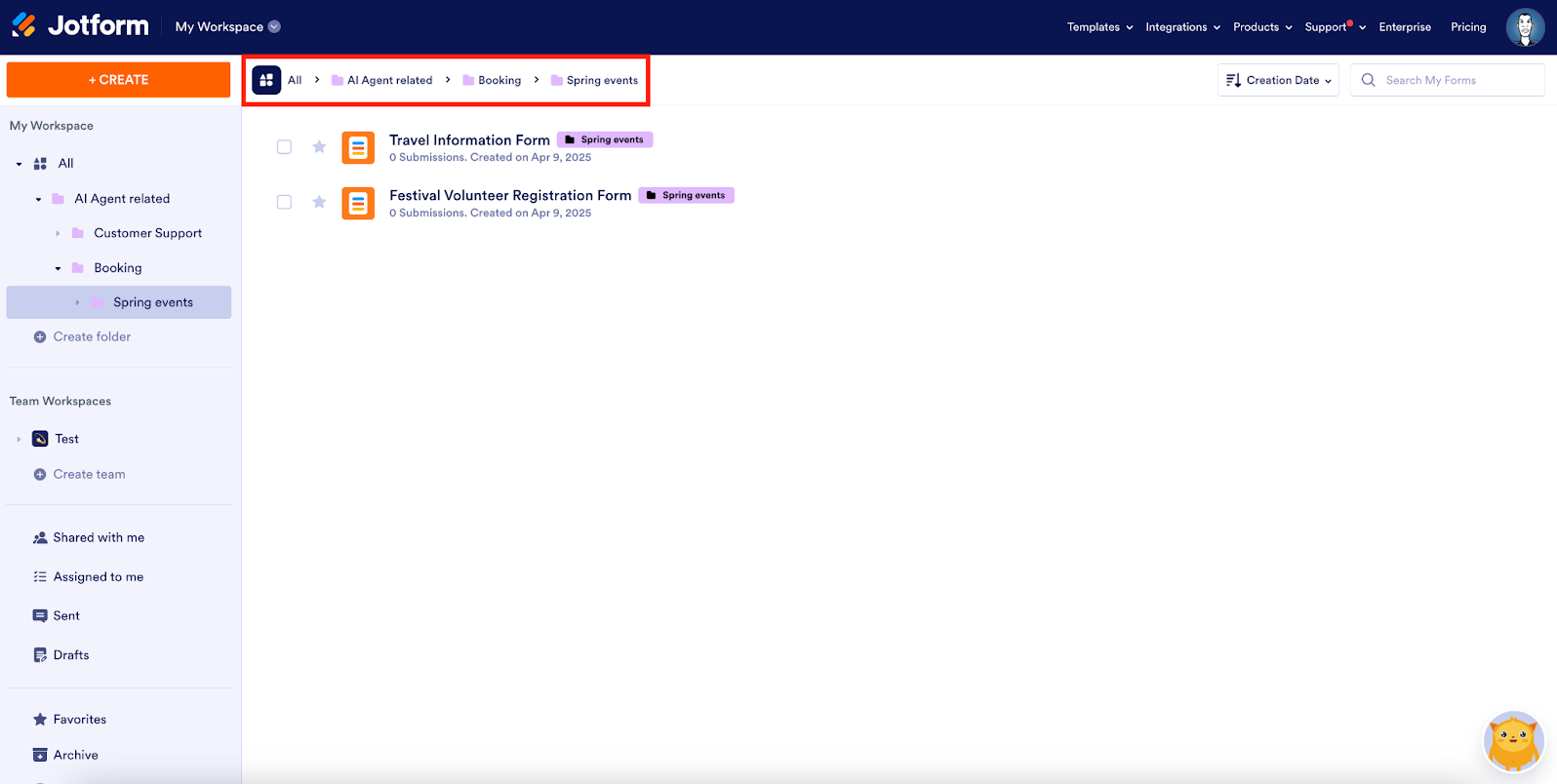 Viewing the breadcrumb element in the toolbar on the My Workspace page