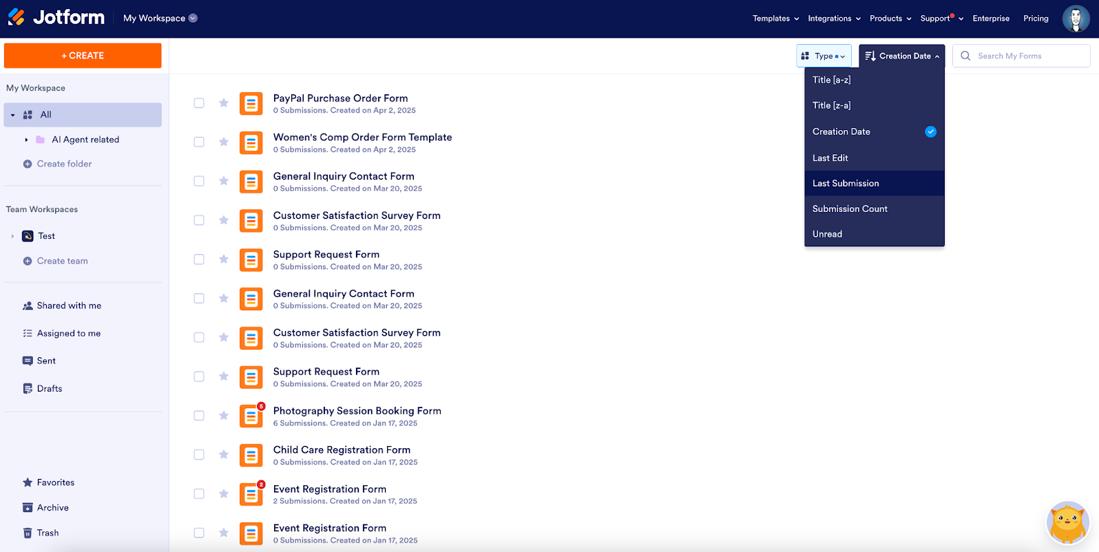 Sorting assets by using the Creation date dropdown on the Jotform My Workspace page
