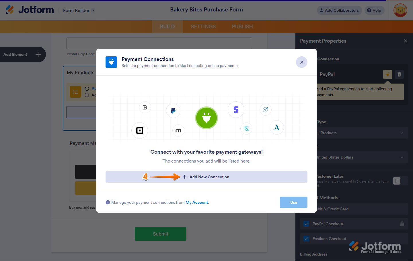 Payment Connections window with the Add New Connection button in Jotform