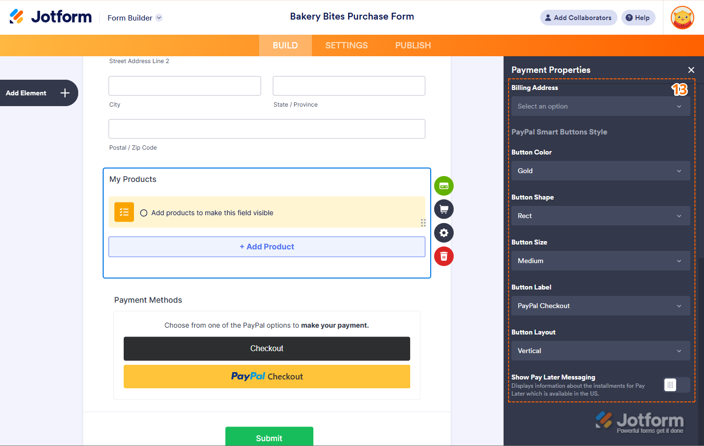 Payment configuration options like Billing Address, PayPal Smart Buttons Style, and Pay Later Messaging in Jotform