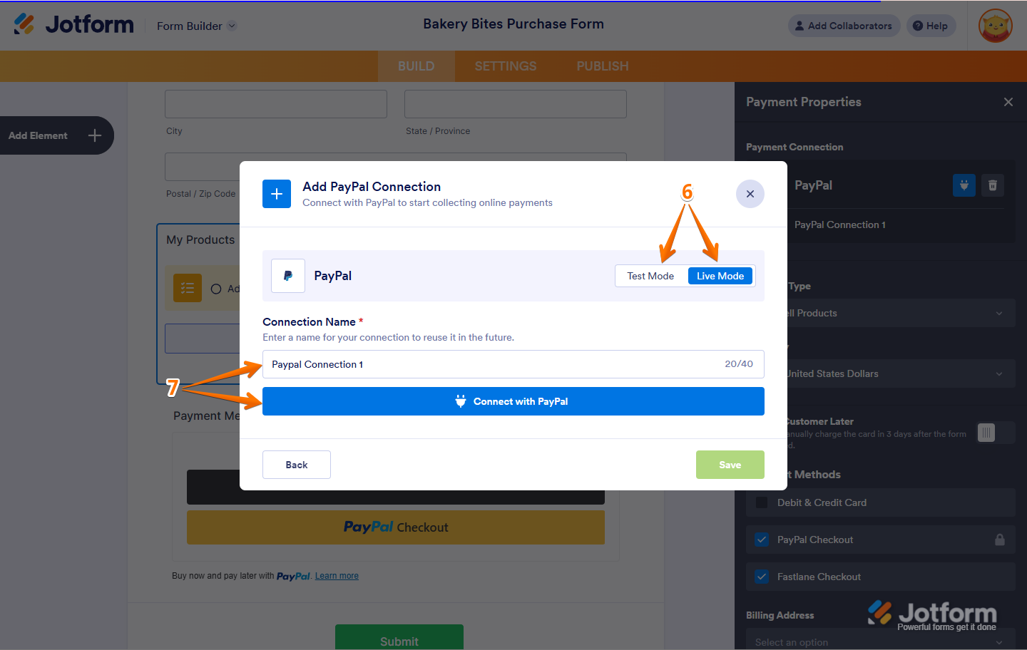Add PayPal Connection window with Test Mode and Live Mode options, Connection Name and Connect with Paypal in Jotform