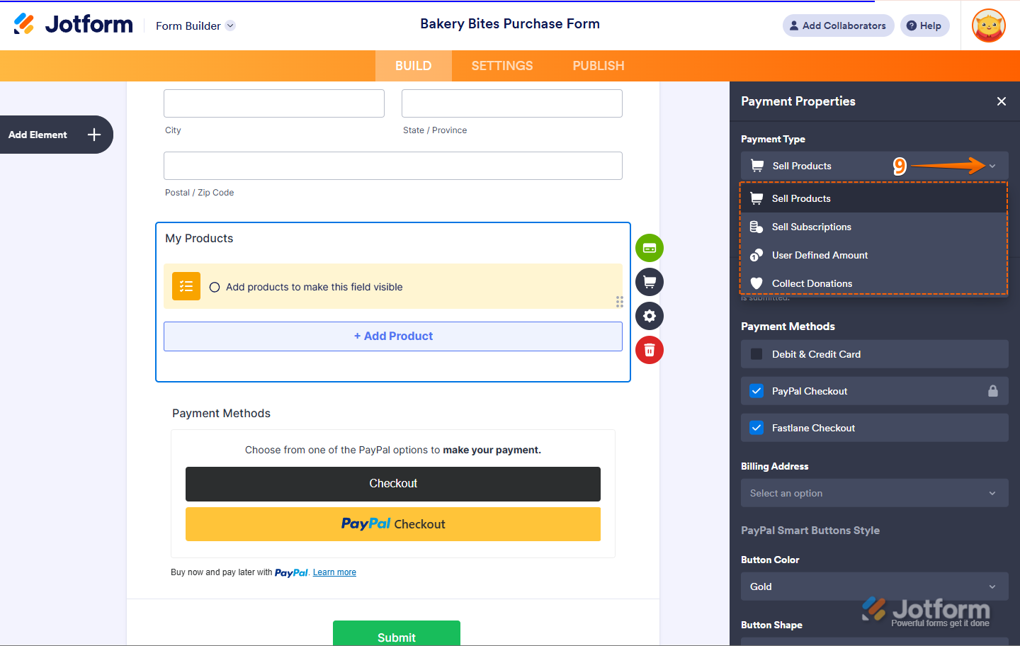 Payment Type dropdown with options for Sell Products, Sell Subscriptions, User-Defined Amount, and Collect Donations in Jotform