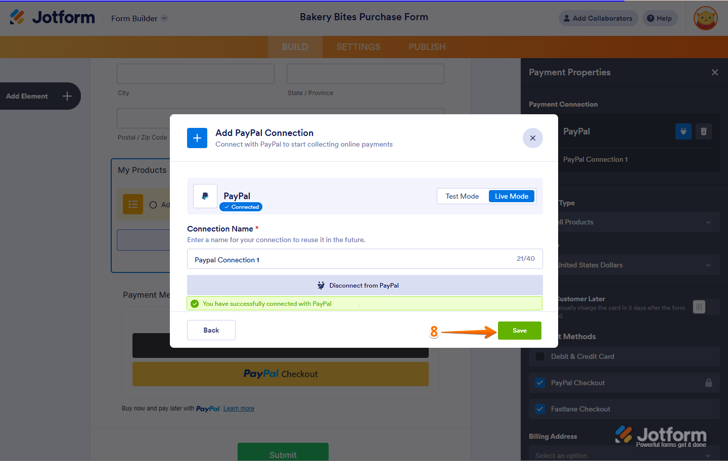 Save button displayed after connecting PayPal Business Account in Jotform
