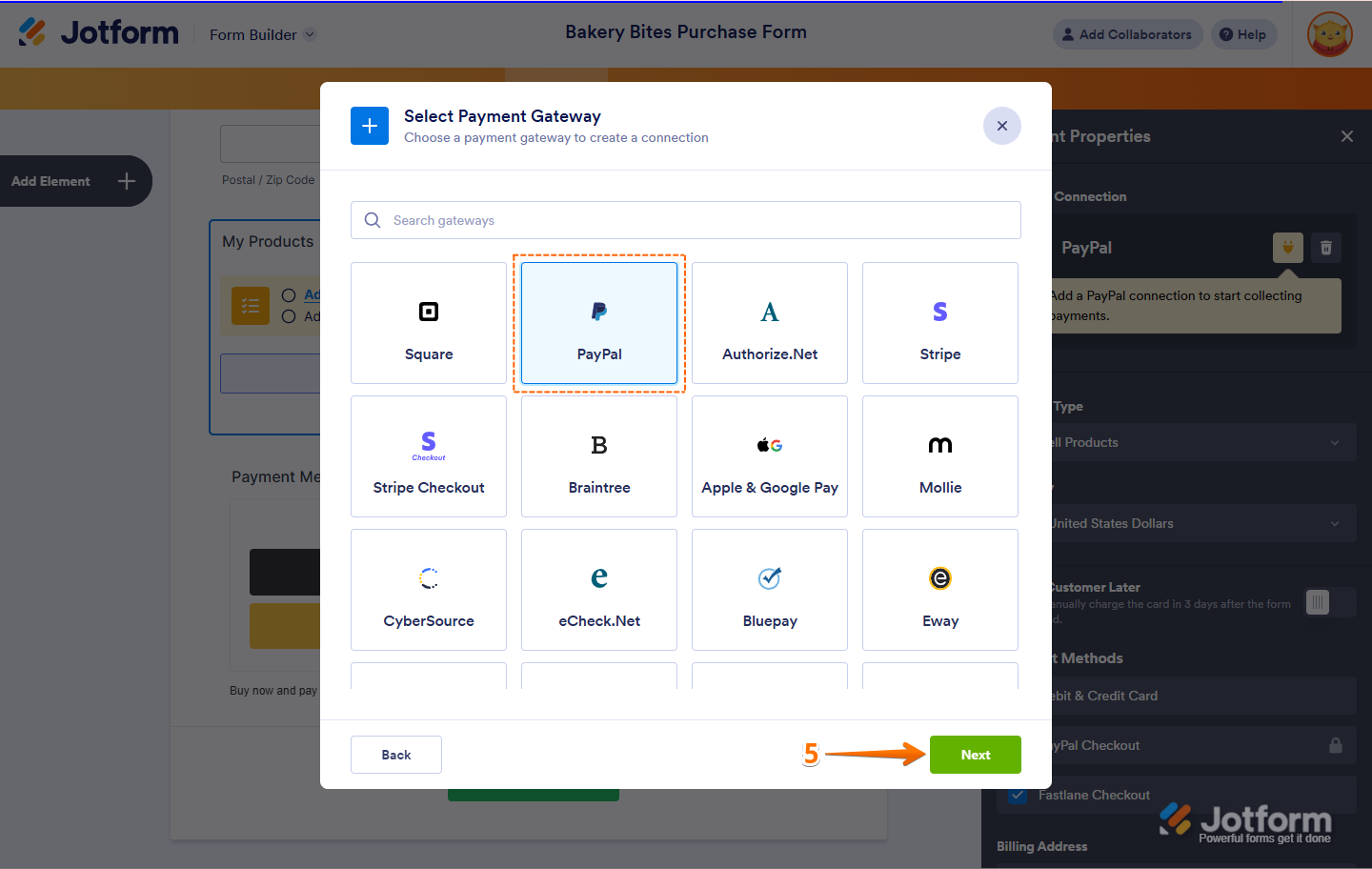 Payment Gateways list with PayPal selected, and Next button in Jotform
