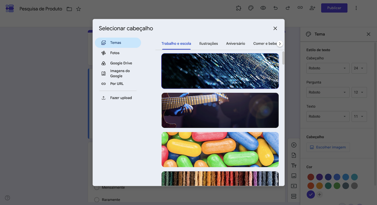 Janela "Selecionar cabeçalho" do Formulários Google, com opções de temas e imagens disponíveis para o cabeçalho